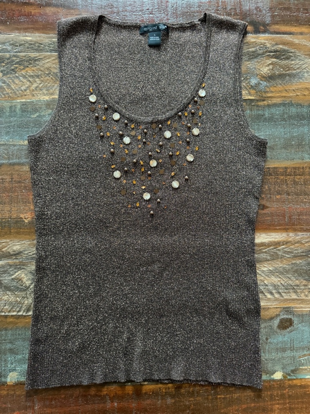 August Silk Women’s L Brown Shimmery Embellished Sleeveless Blouse | SKU 0105